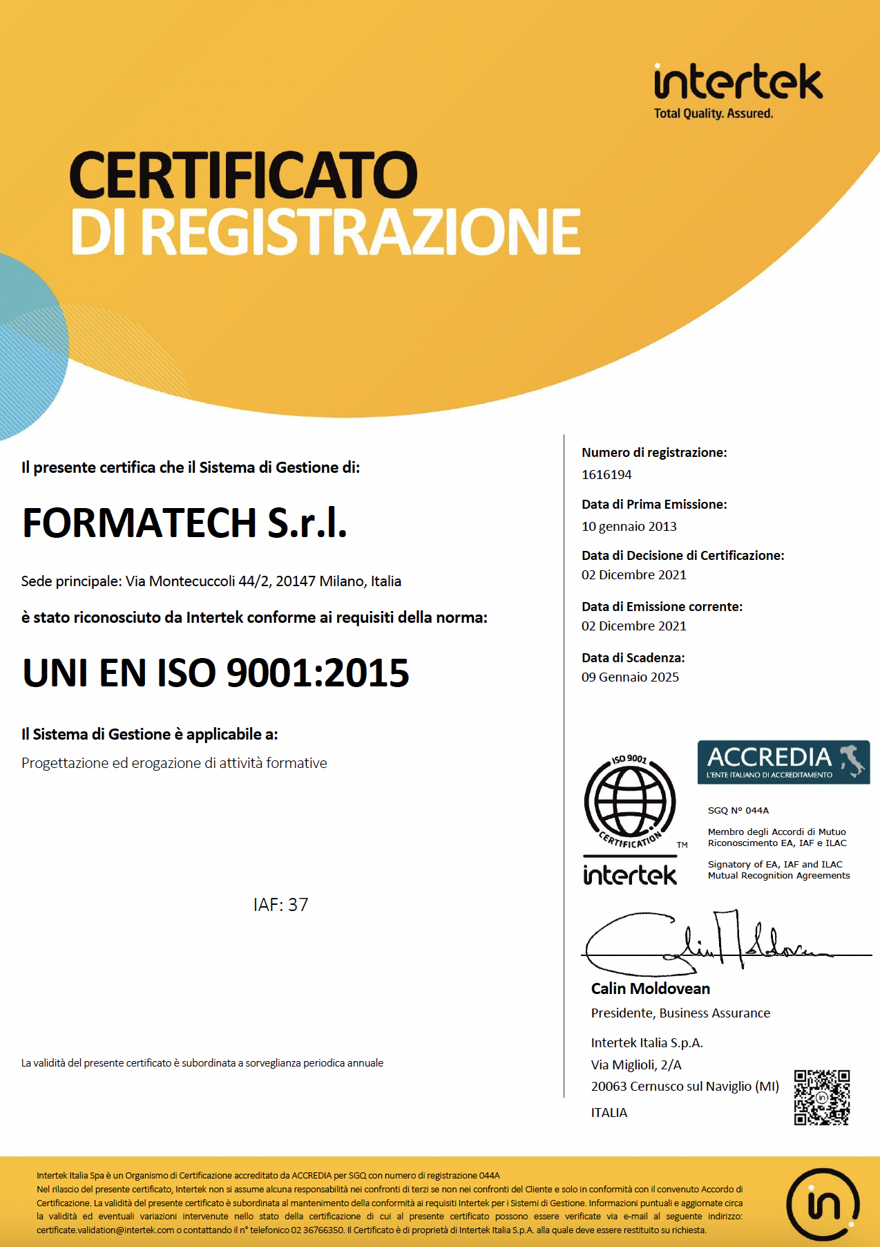 Certificato ISO Formatech